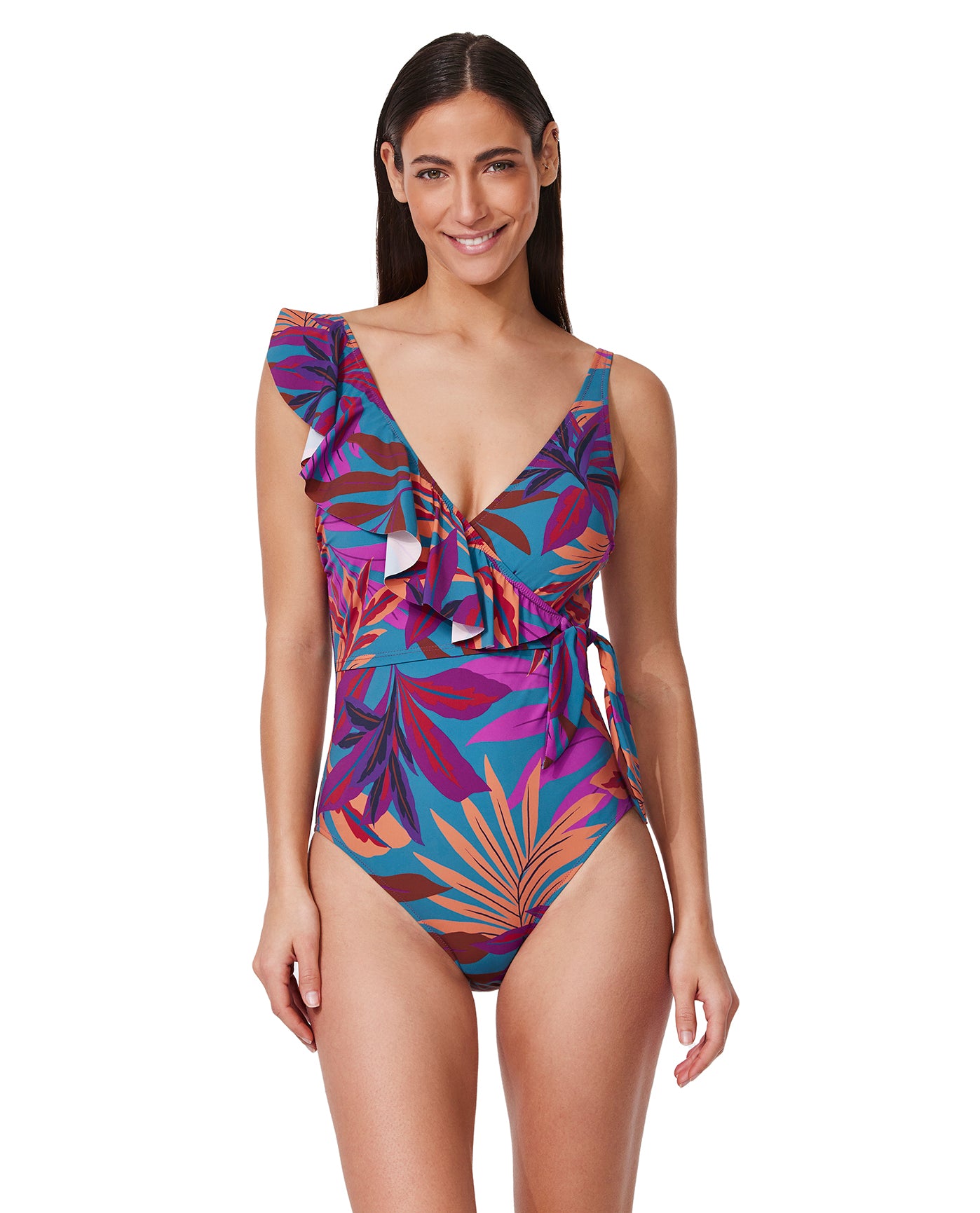 Plantopia V-Neck Surplice Ruffle One Piece -Multi teal