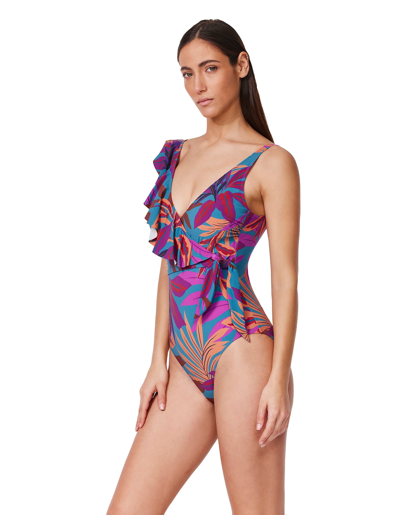 Plantopia V-Neck Surplice Ruffle One Piece -Multi teal