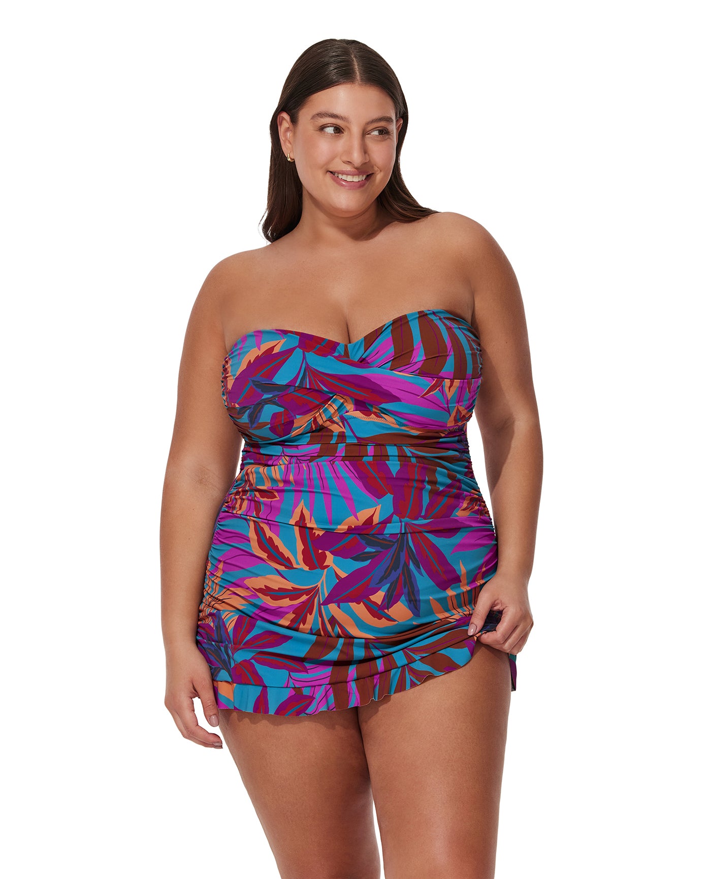 Plantopia Plus Size Bandeau Swimdress-Multi teal