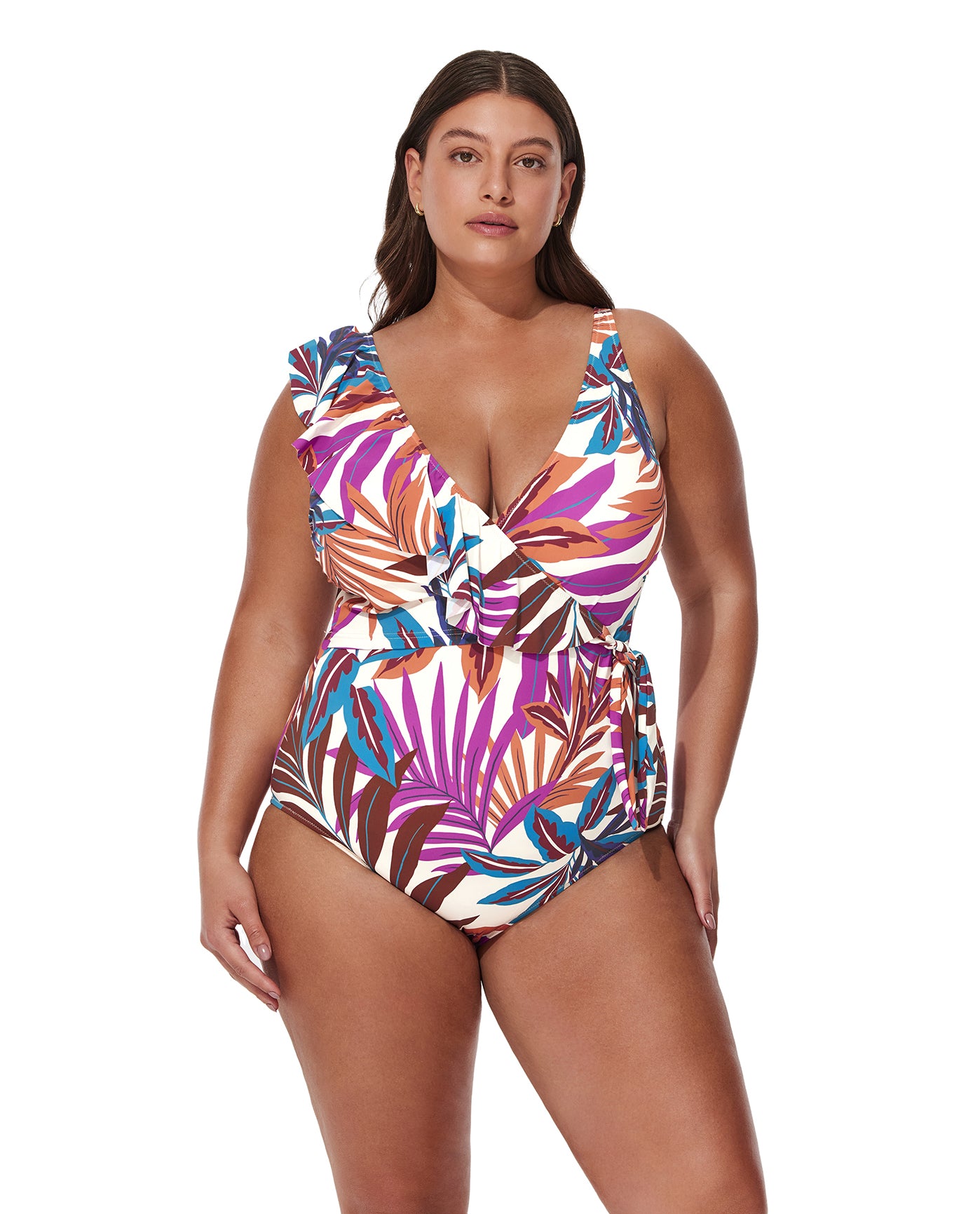 Plantopia Plus Size V-Neck Surplice Ruffle One Piece -Multi