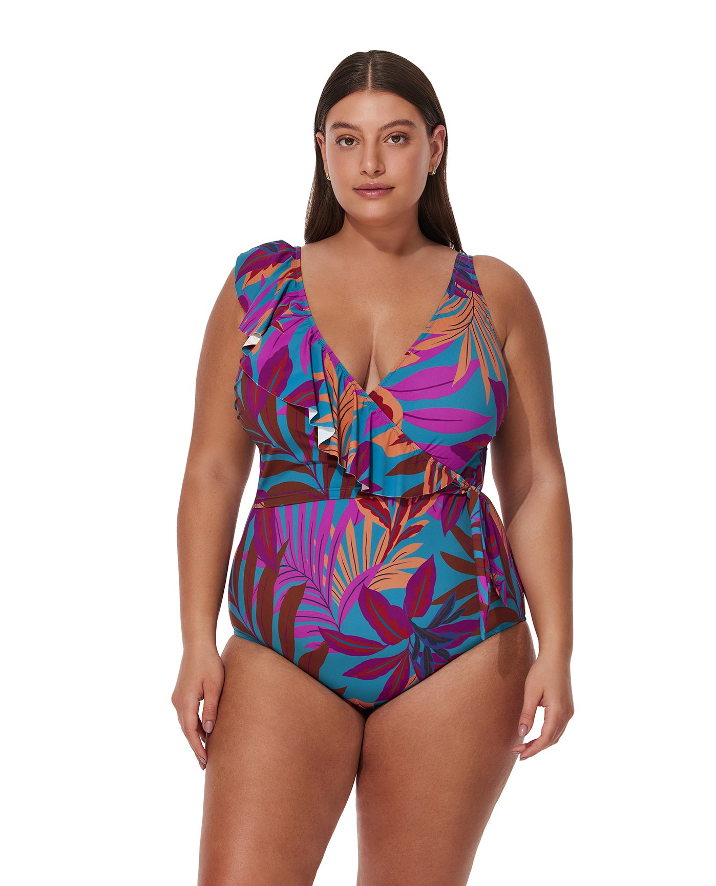 Plantopia Plus Size V-Neck Surplice Ruffle One Piece-Multi teal