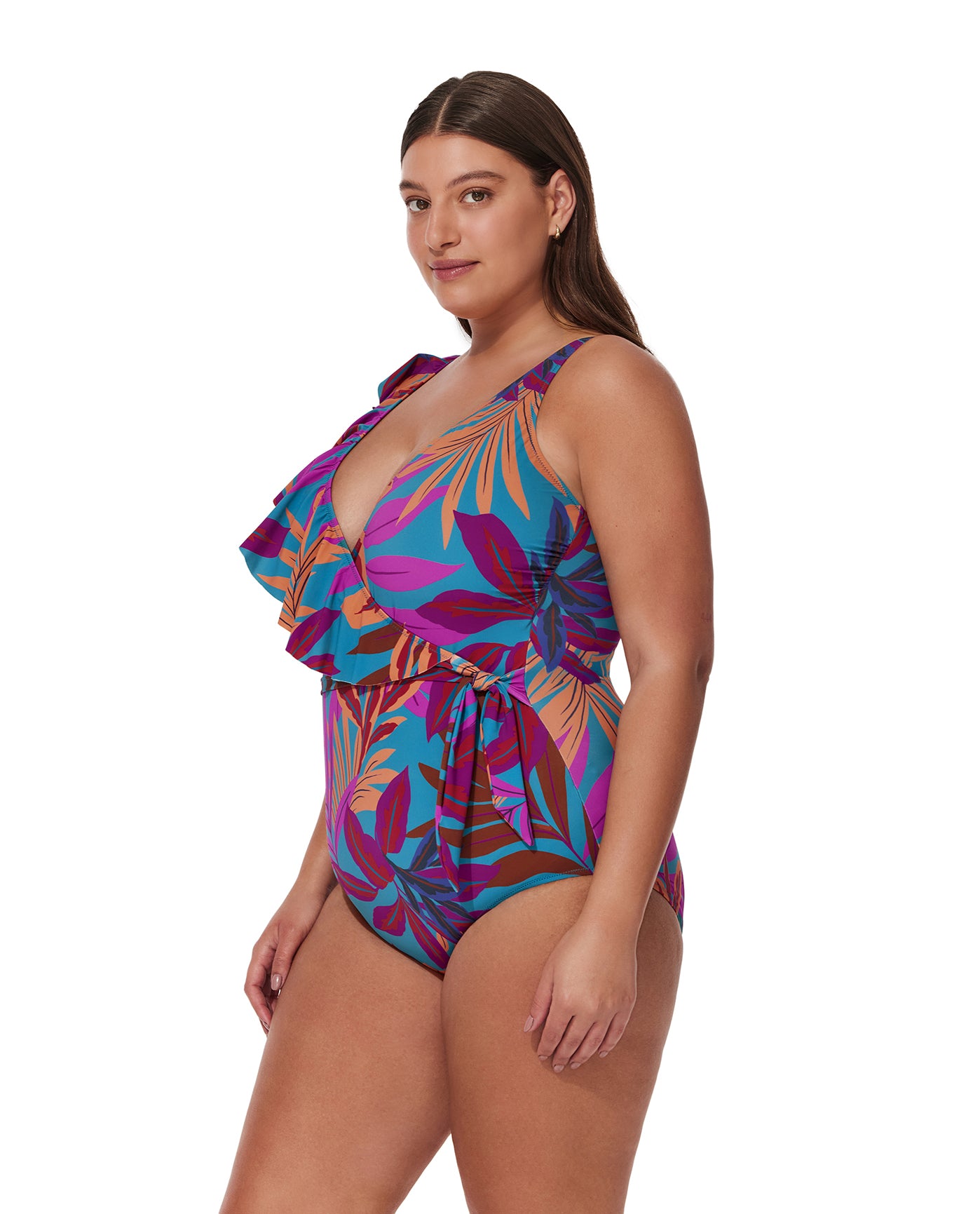 Plantopia Plus Size V-Neck Surplice Ruffle One Piece-Multi teal