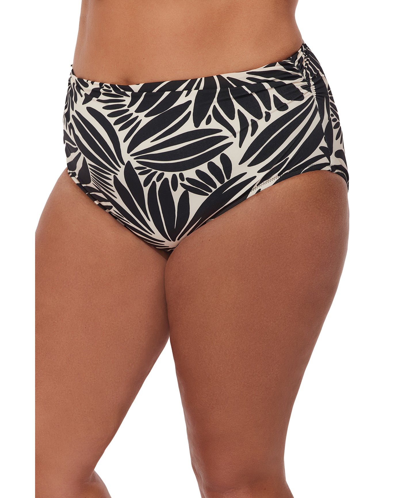 Comeback Plus Size Shirred High Waist Swim Bottom-Blk/wh