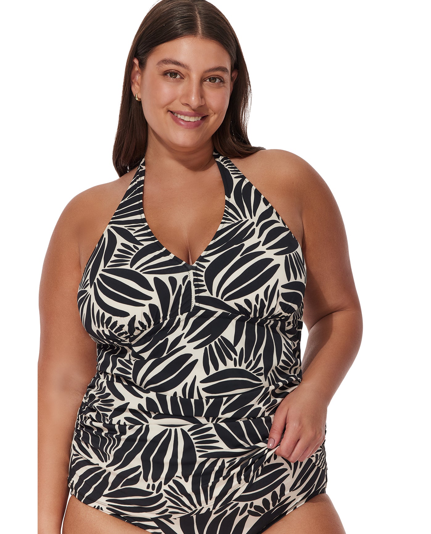 Comeback Plus Size Halter Tankini Top -Blk/wh