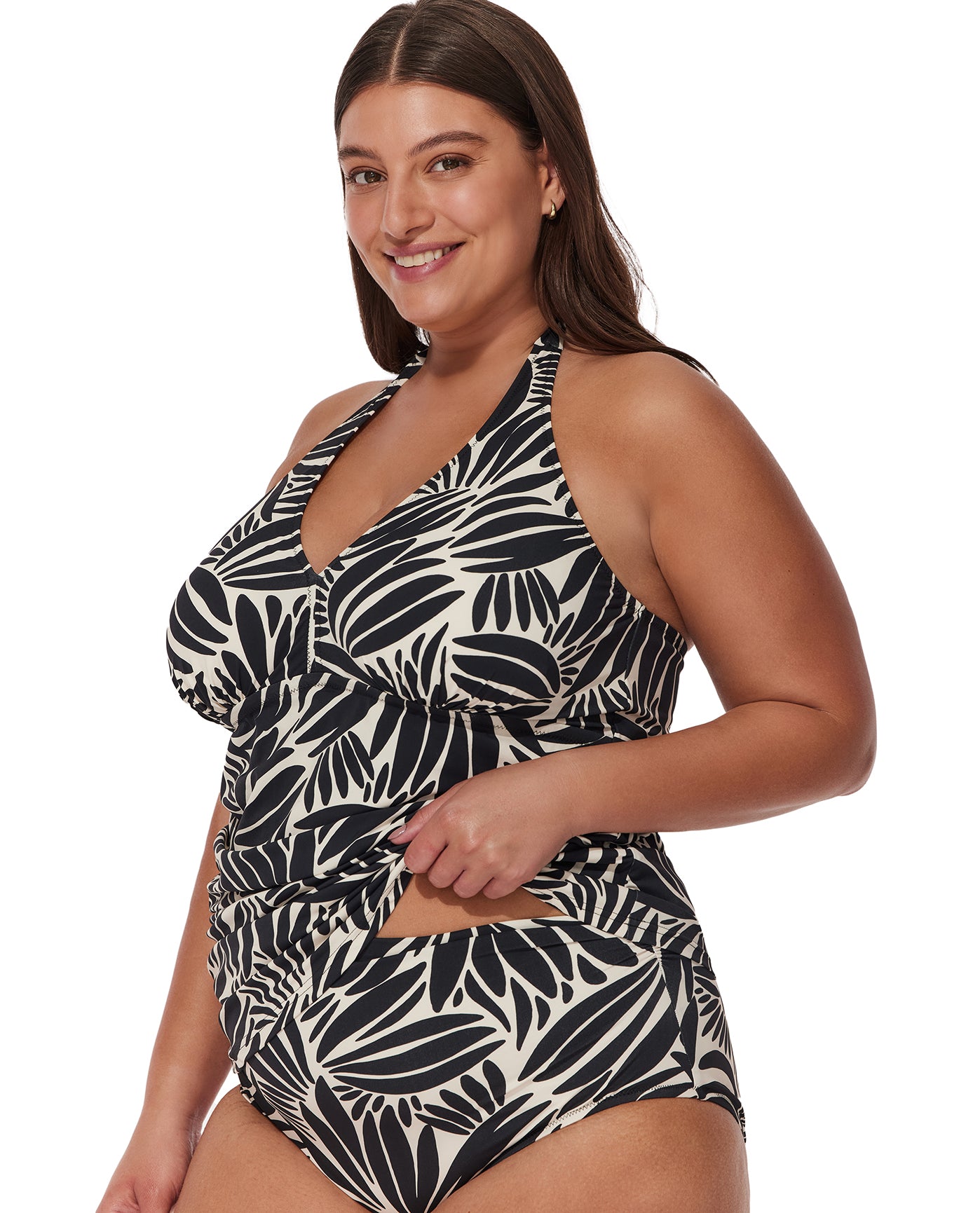 Comeback Plus Size Halter Tankini Top -Blk/wh