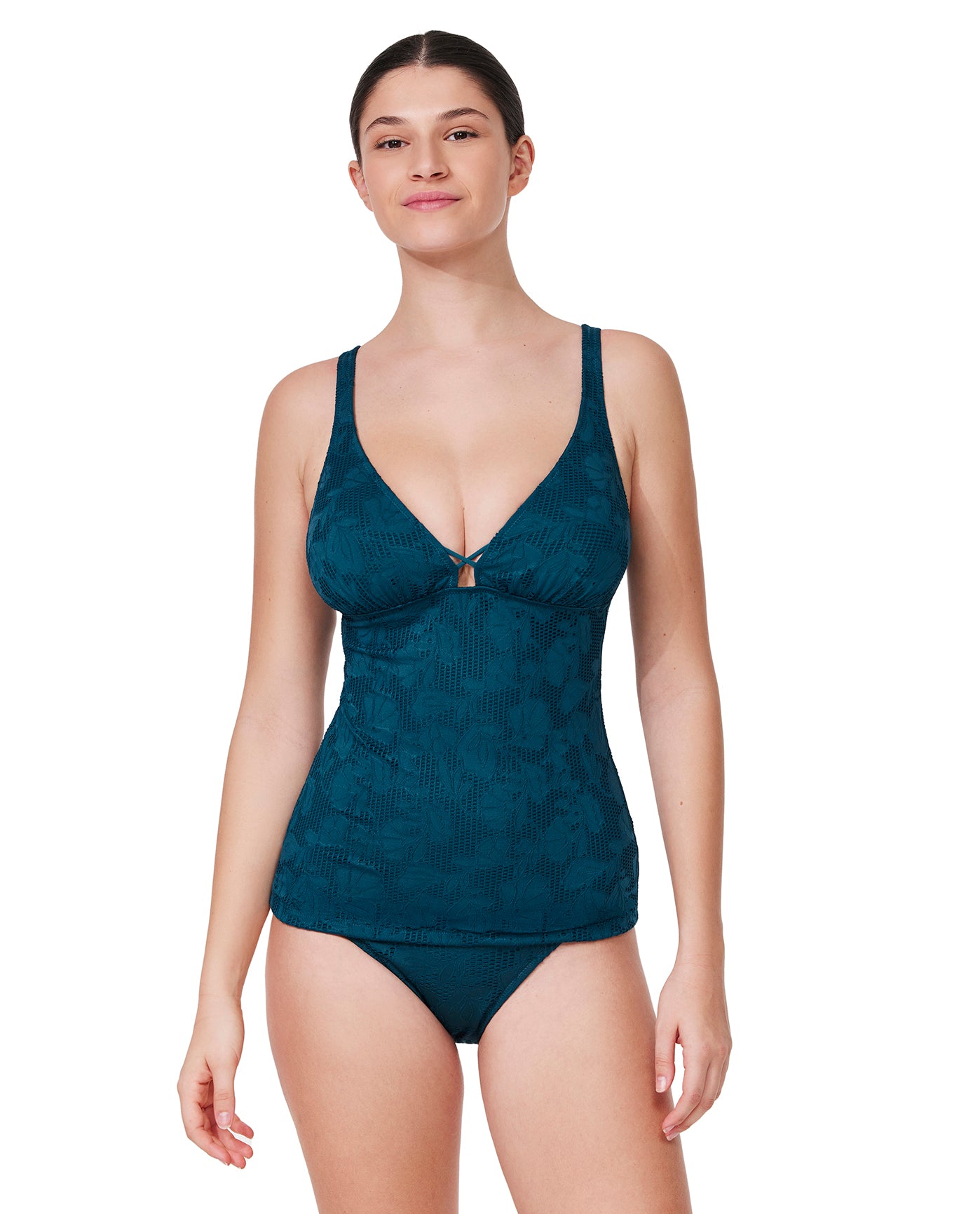 Jolene Textured D-Cup V Neck Tankini Top-Petrol