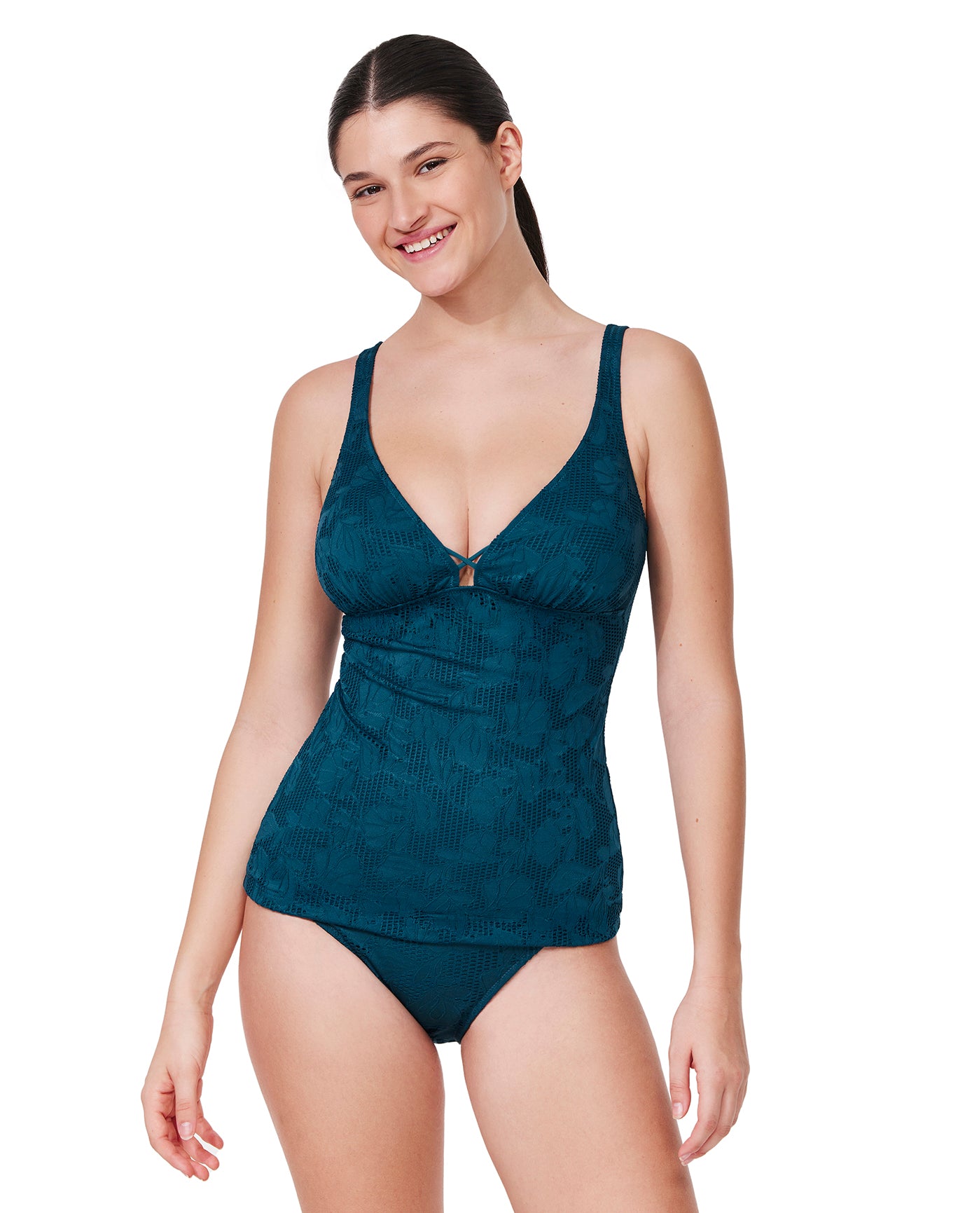 Jolene Textured D-Cup V Neck Tankini Top-Petrol