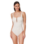 Maillot de bain une pièce à col carré texturé Jolene - Crème
