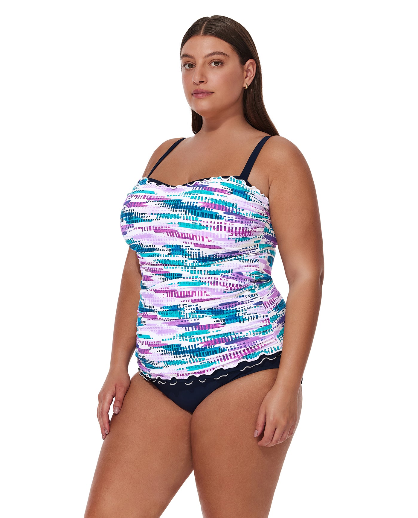 Canva Plus Size Shirred Underwire Tankini Top-Multi/blu