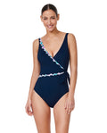 Maillot de bain une-pièce Canva Tricolore à col en V et cache-coeur - Bleu marine