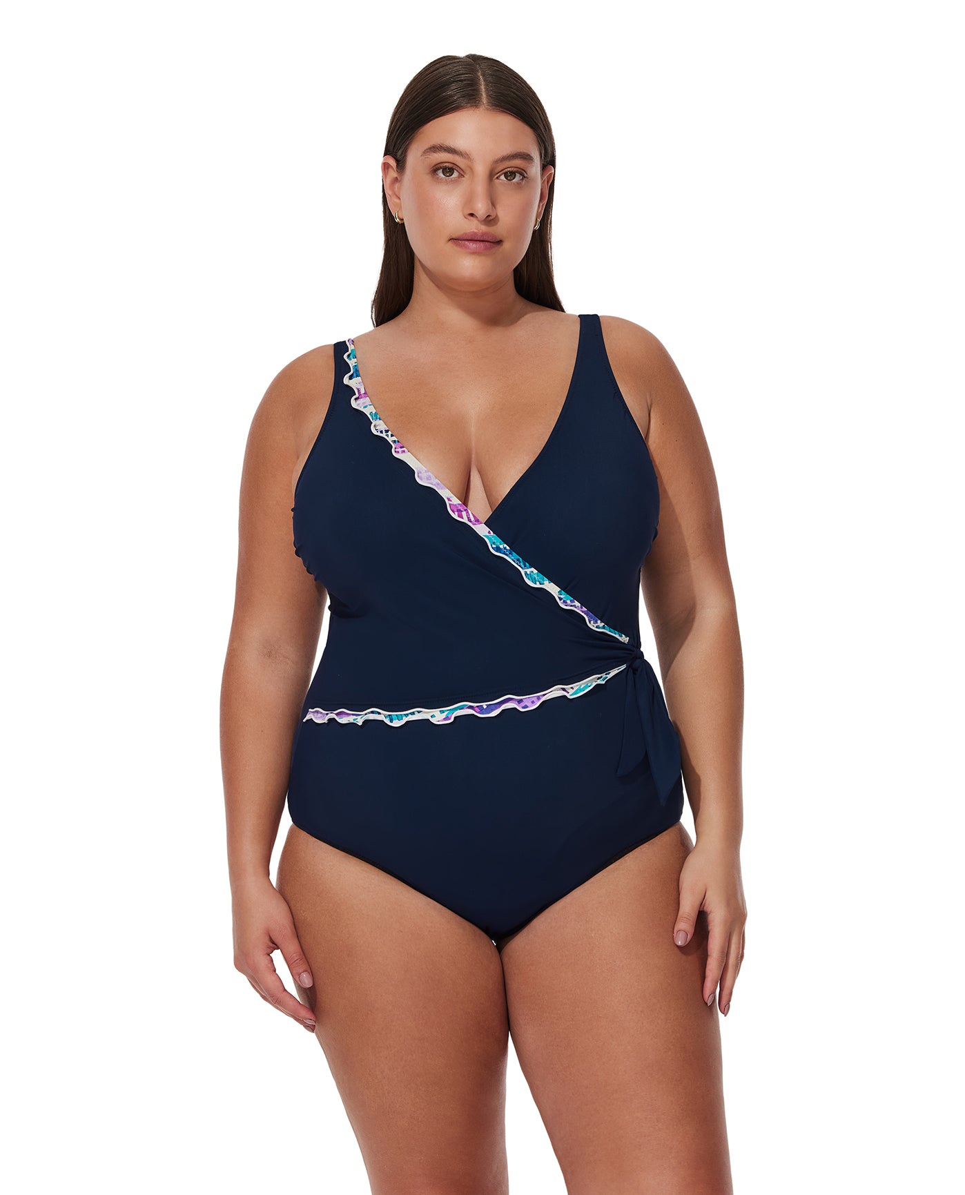 Canva Plus Size Tricolore V Neck Surplice One Piece-Navy