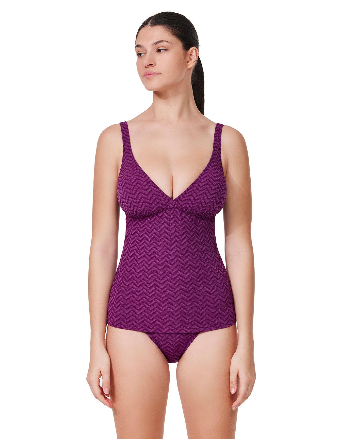 Medina Textured V Neck Tankini Top-Wine