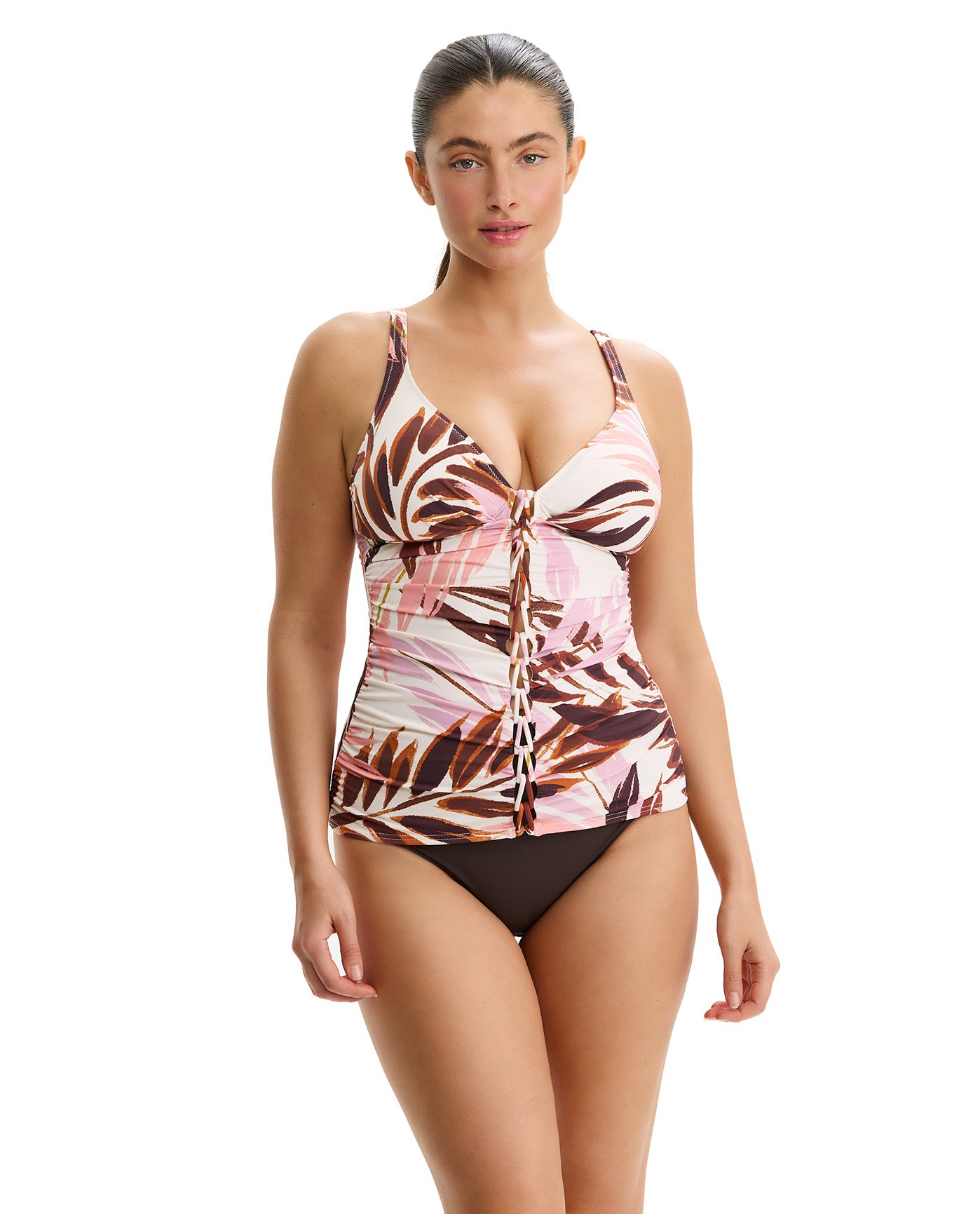 Island Breeze V-Neck D-Cup Tankini Top-Brown-Pink
