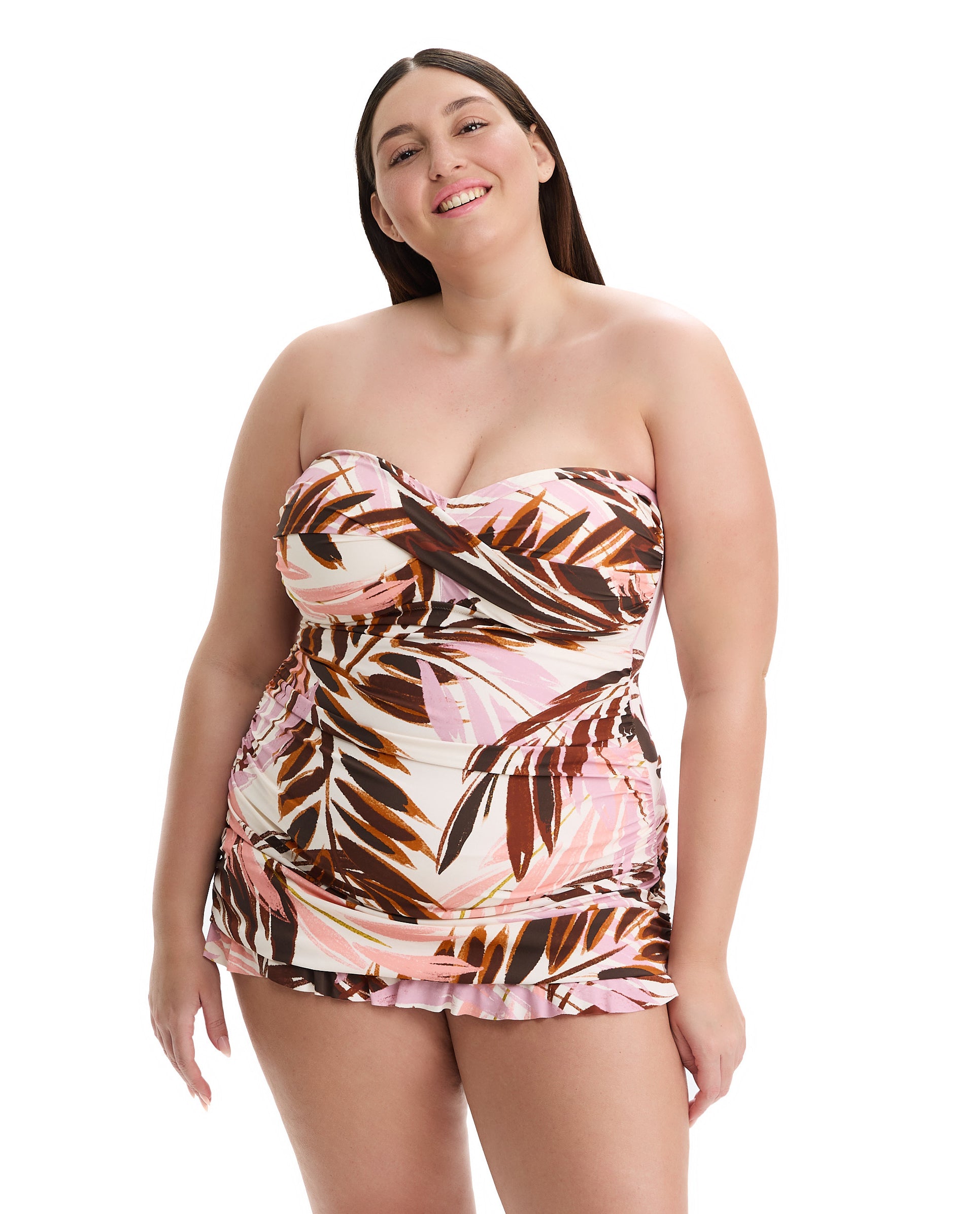 Island Breeze Plus Size Bandeau Swimdress-Brown-Pink