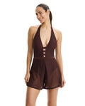 Safari Chic Textured Romper Swimdress-Brown