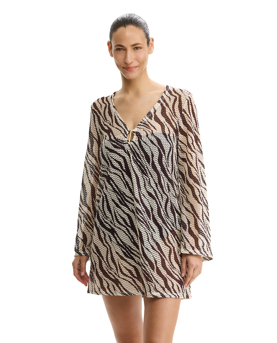 Profile by Gottex Safari Chic Textured Mini Dress Cover-Up -Cream-Brown 