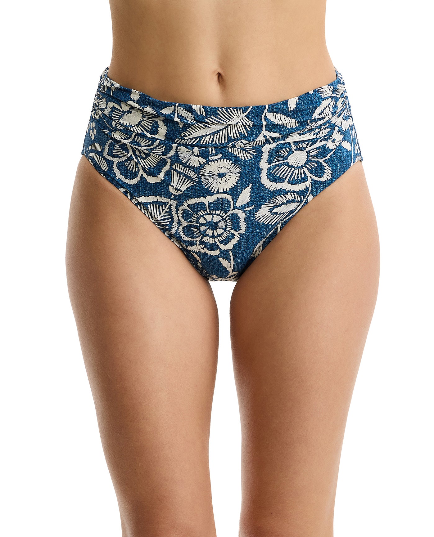 Profile by GottexGarden Mist Shirred High Waist Swim Bottom-DenimSwim Bottoms