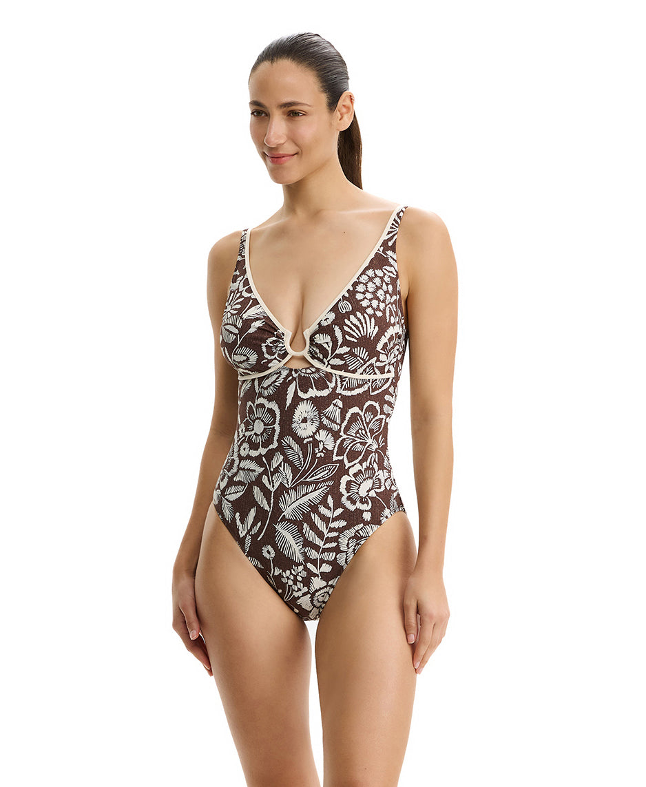 Garden Mist V-Neck One Piece-Brown