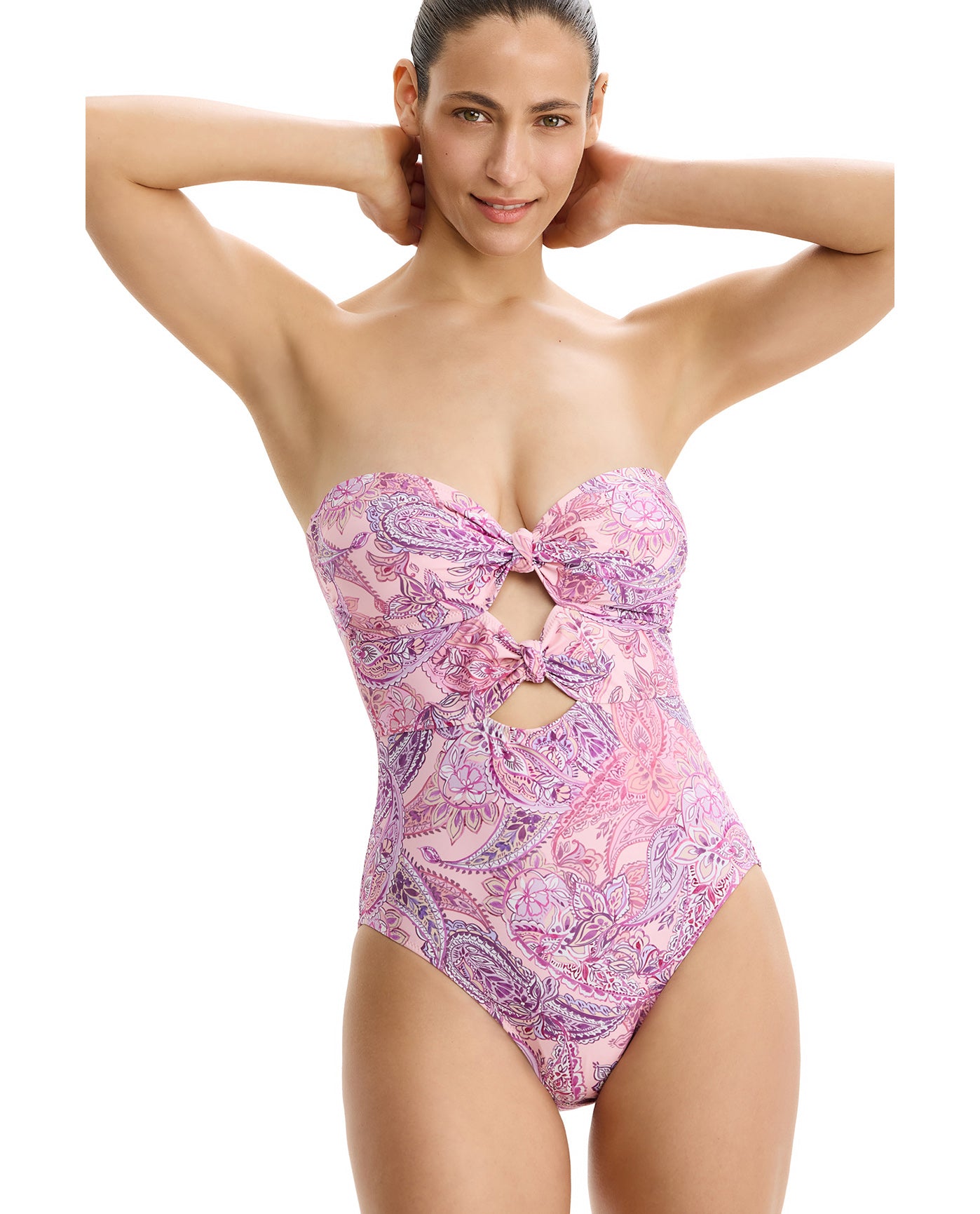 Boho Bloom Cut Out Bandeau One Piece-Pink Multi