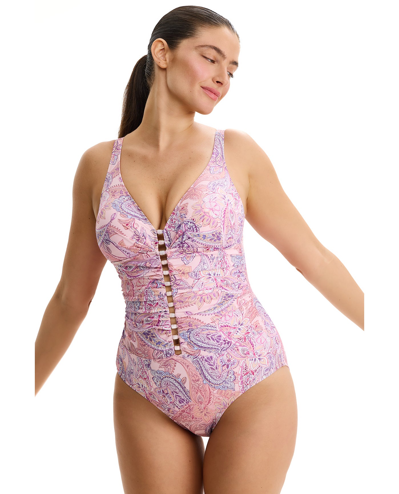 Boho Bloom D-Cup V-Neck Gold Beaded One Piece-Pink Multi