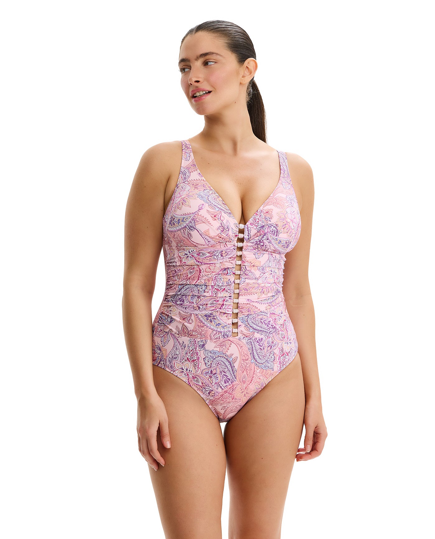 Boho Bloom D-Cup V-Neck Gold Beaded One Piece-Pink Multi