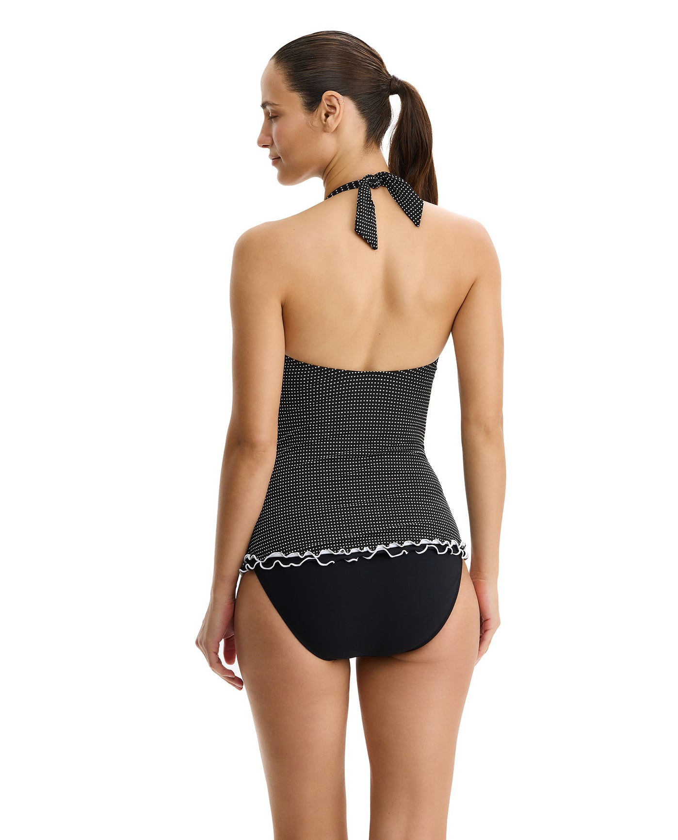 Dottie Delight Textured Halter Tankini Top-Blk/wh