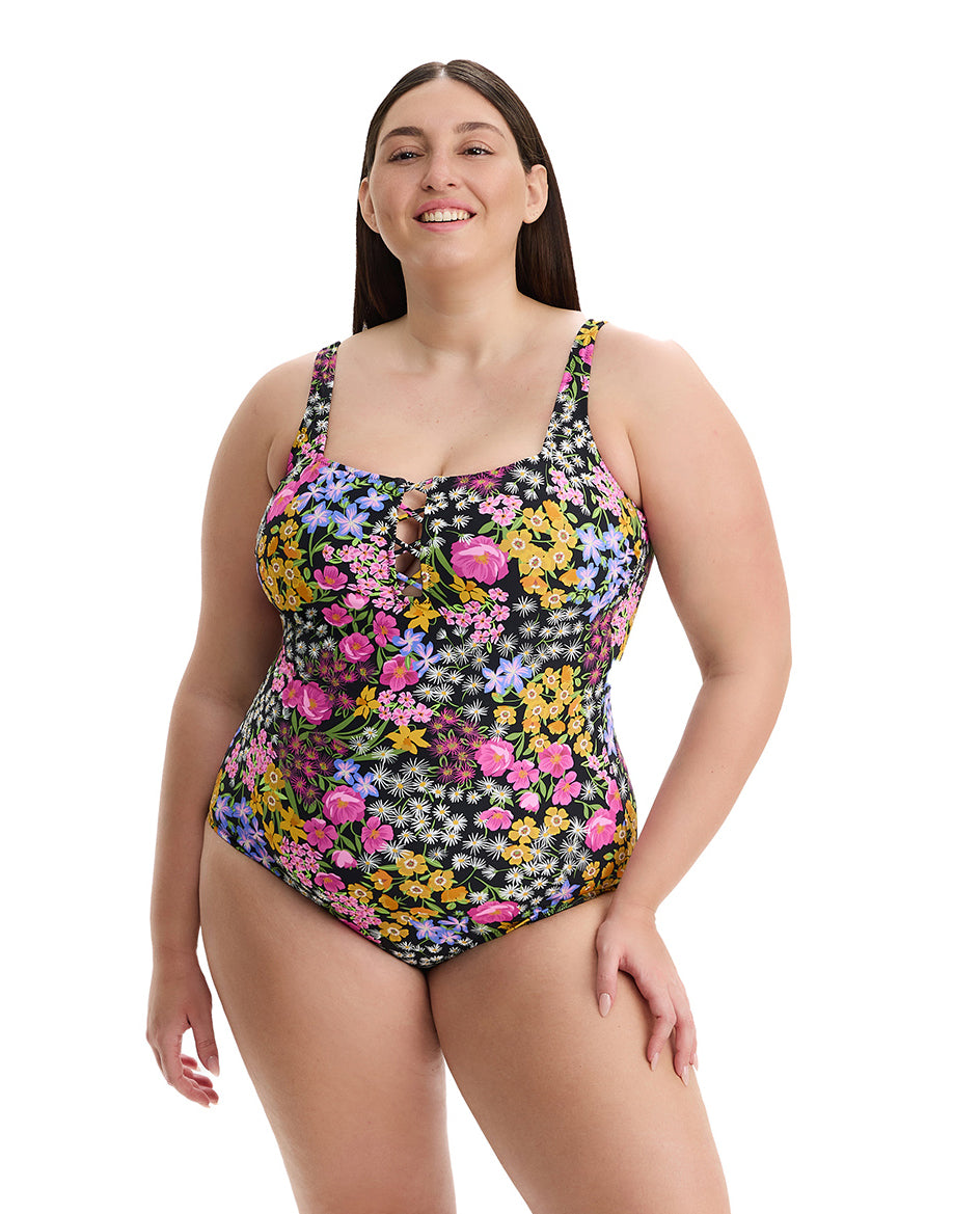 Havana Heat Plus Size Square Neck One Piece -Black-Multi