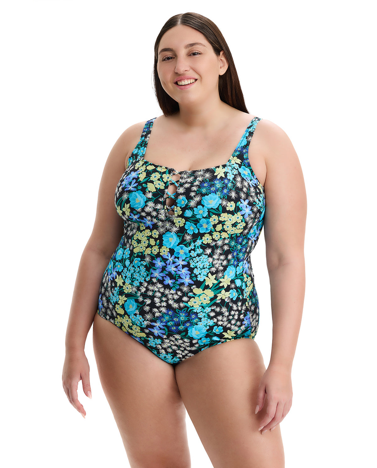 Havana Heat Plus Size Square Neck One Piece -Blue-Multi