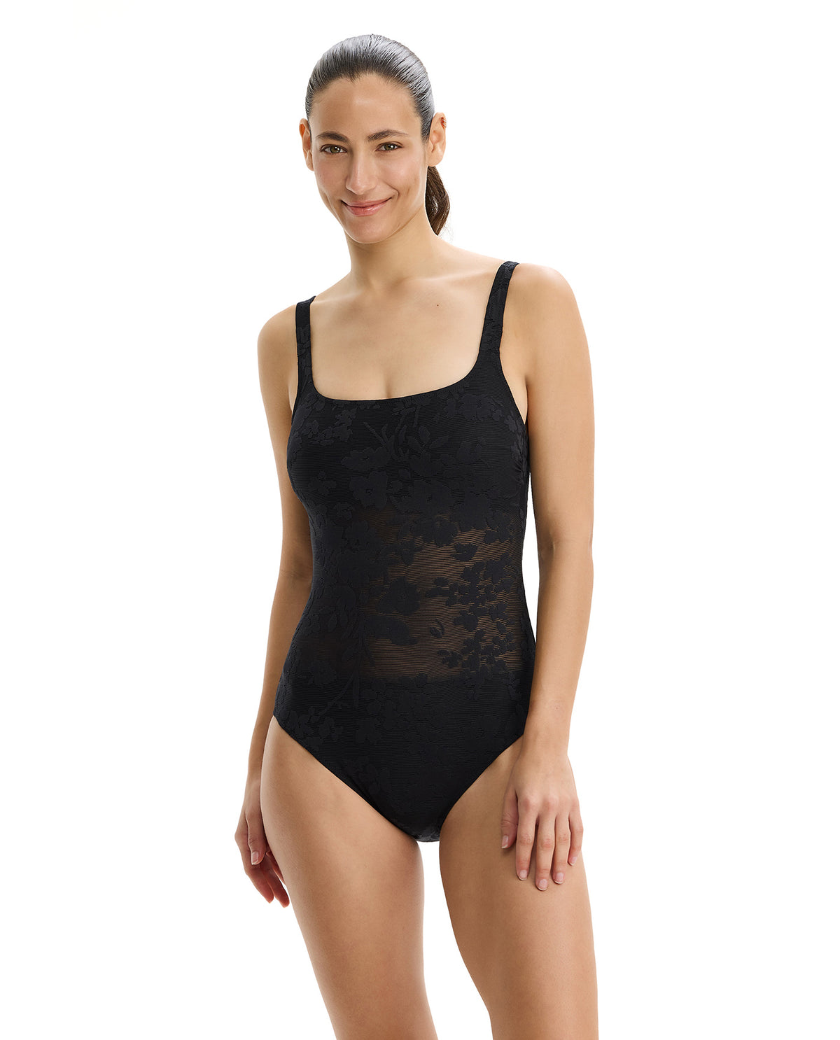 Chantilly Lace Textured Square Neck One Piece -Black