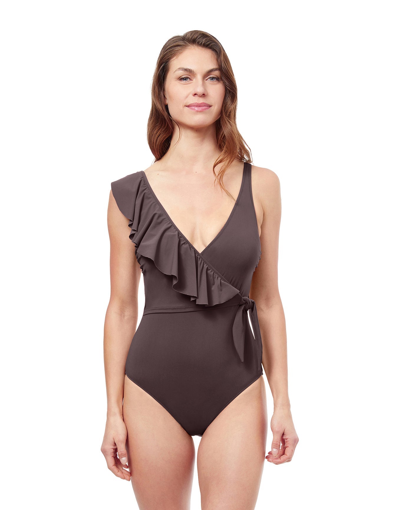 Front View Of Profile By Gottex Tutti Frutti V-Neck Surplice Ruffle One Piece Swimsuit | PROFILE TUTTI FRUTTI ESPRESSO