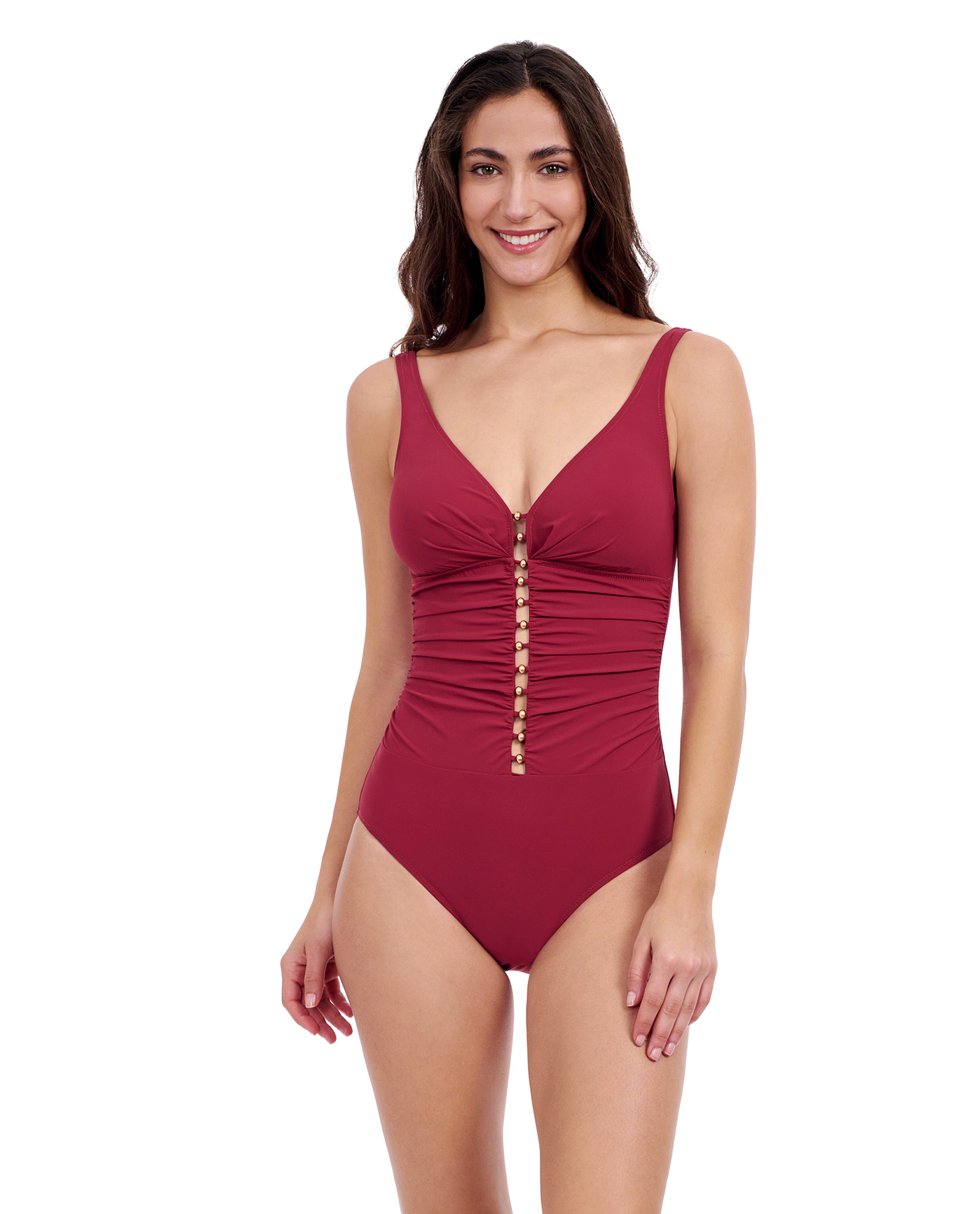 Tutti Frutti D Cup V Neck Gold Beaded One Piece Swimsuit - Brick