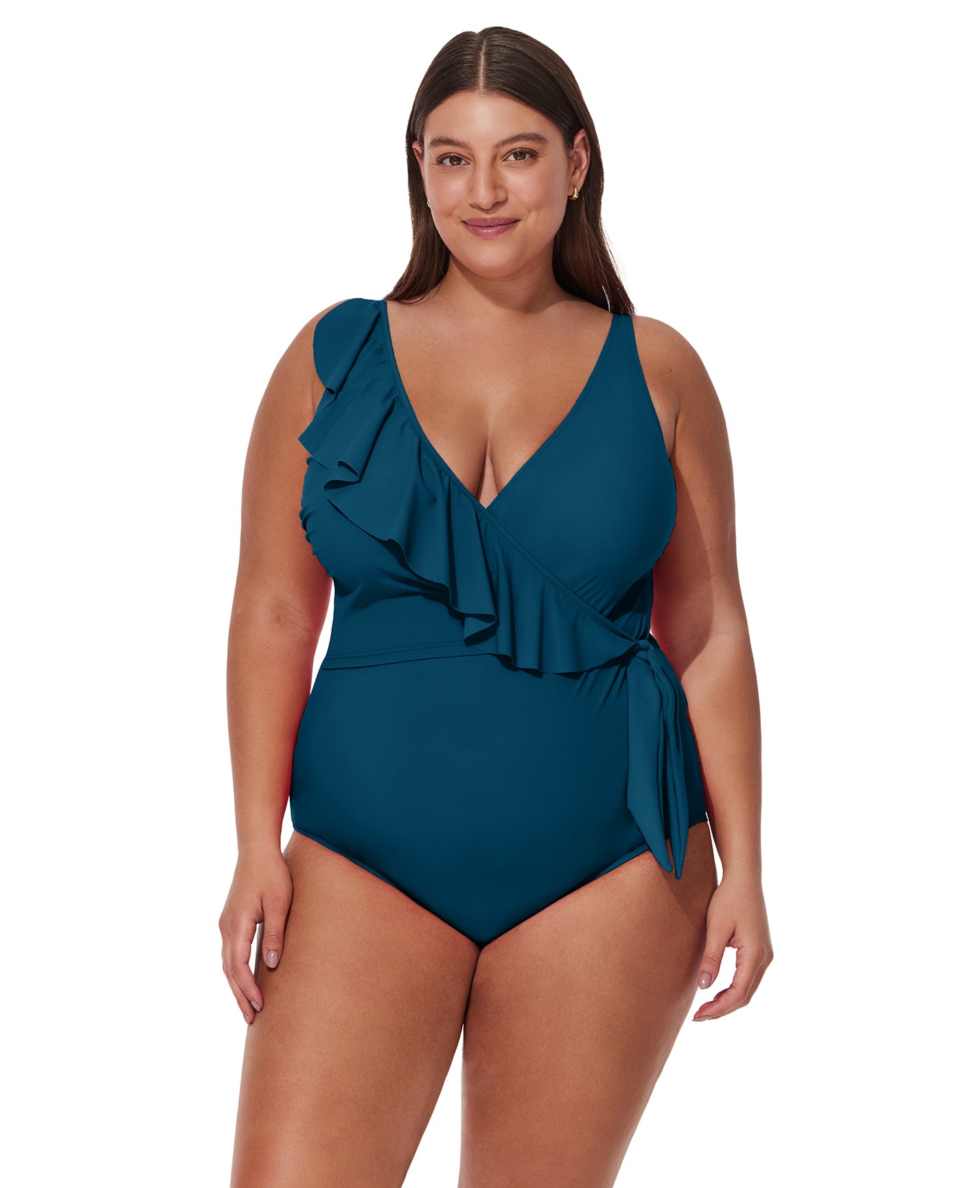 Tutti Frutti  Plus Size Ruffle Surplice One Piece-Petrol