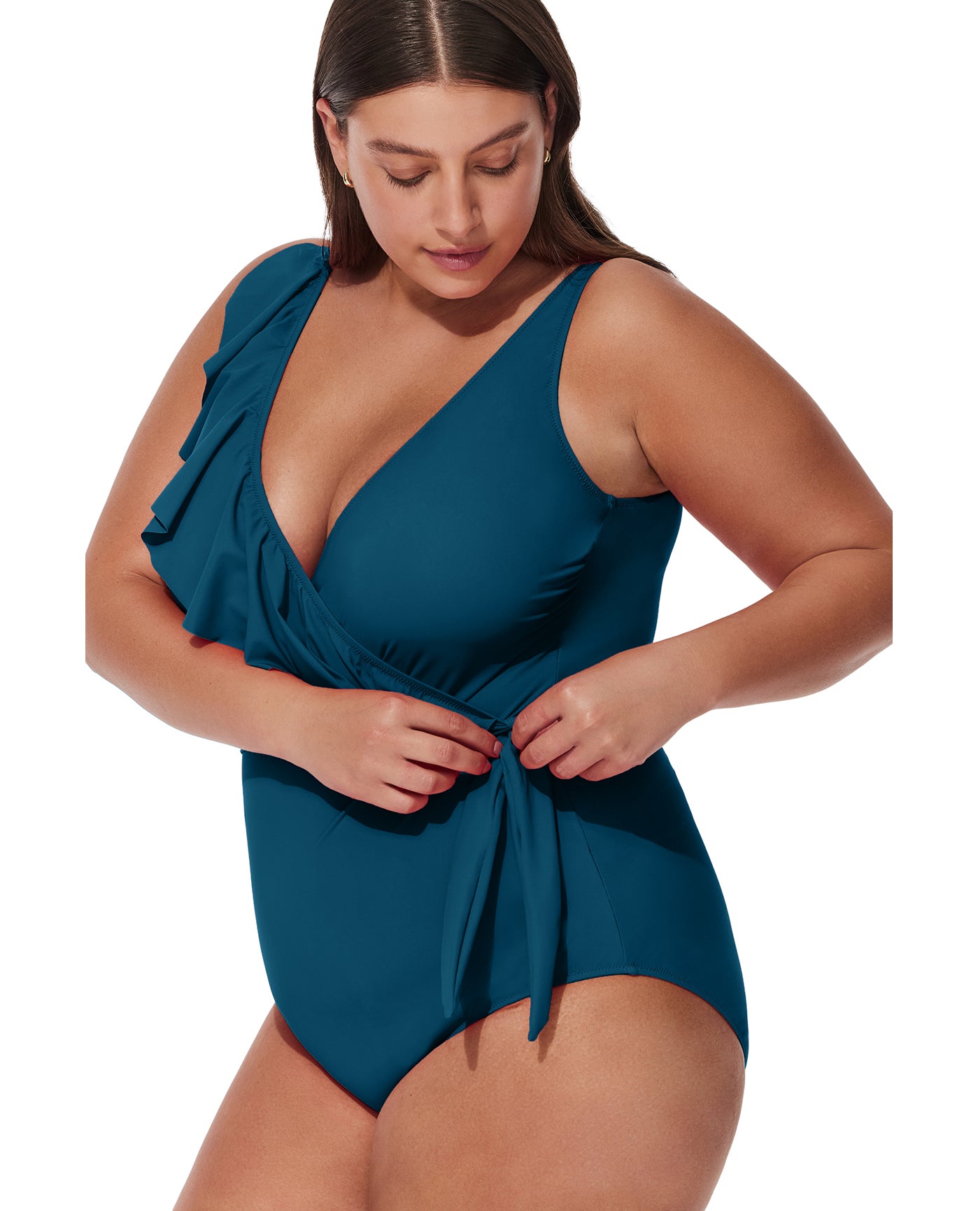 Tutti Frutti  Plus Size Ruffle Surplice One Piece-Petrol