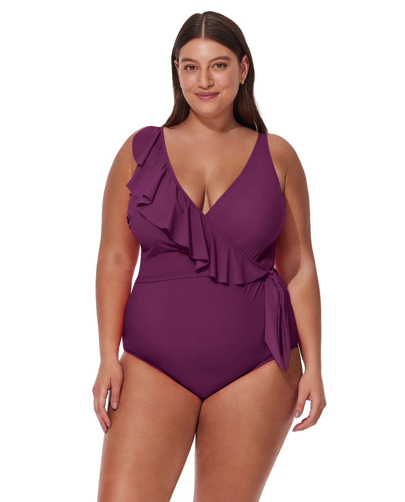 Tutti Frutti  Plus Size Ruffle Surplice One Piece-Wine