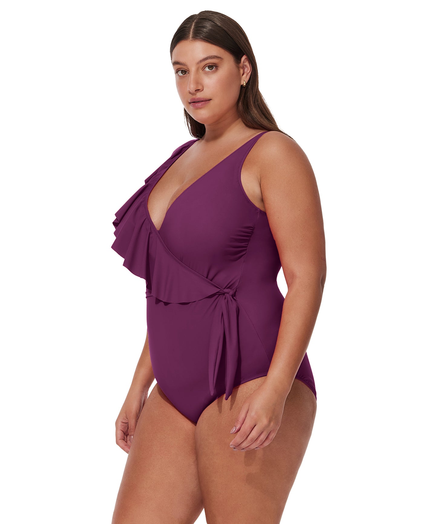 Tutti Frutti  Plus Size Ruffle Surplice One Piece-Wine