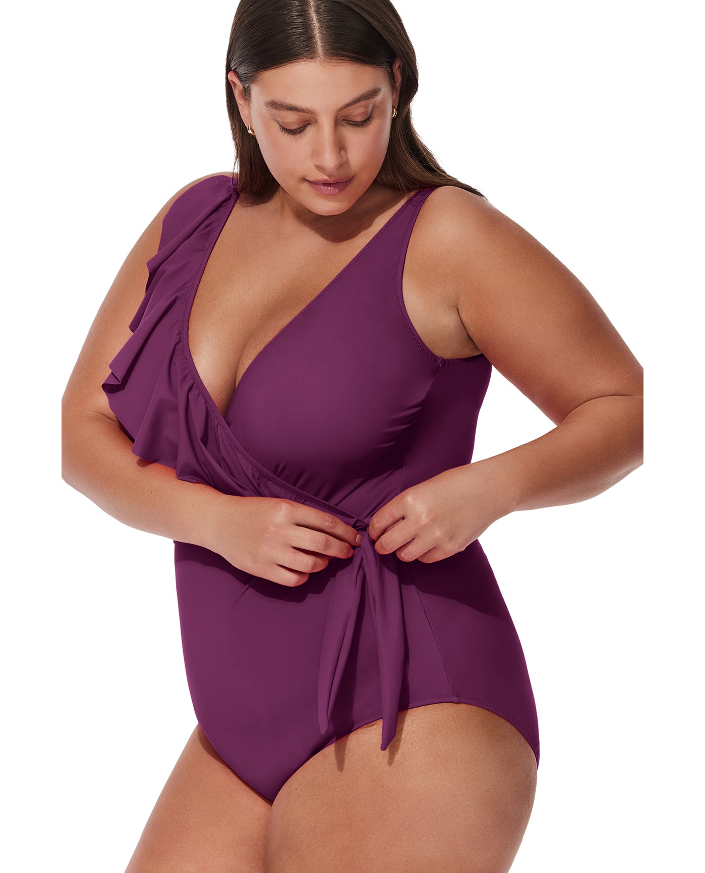 Tutti Frutti  Plus Size Ruffle Surplice One Piece-Wine