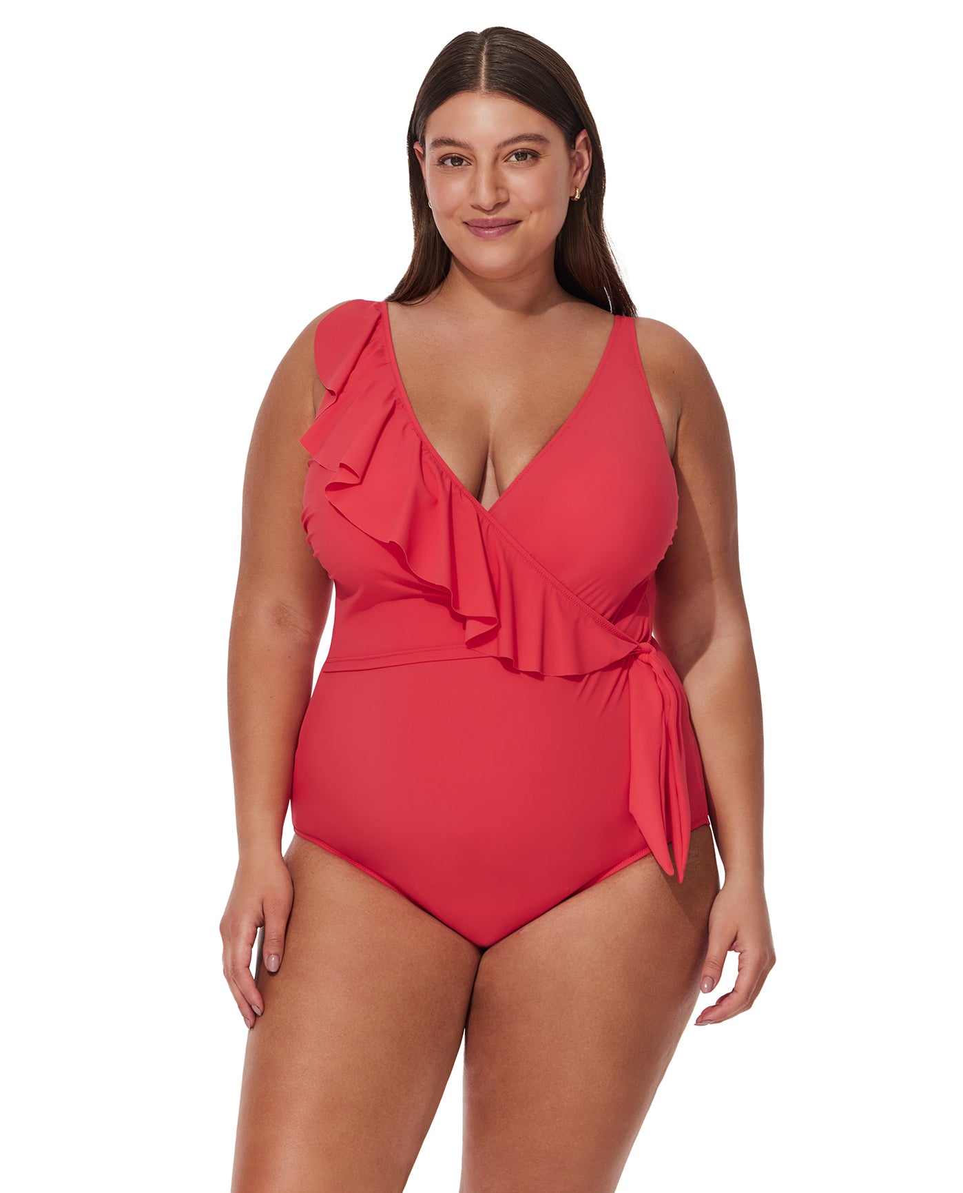 Tutti Frutti  Plus Size Ruffle Surplice One Piece-Coral