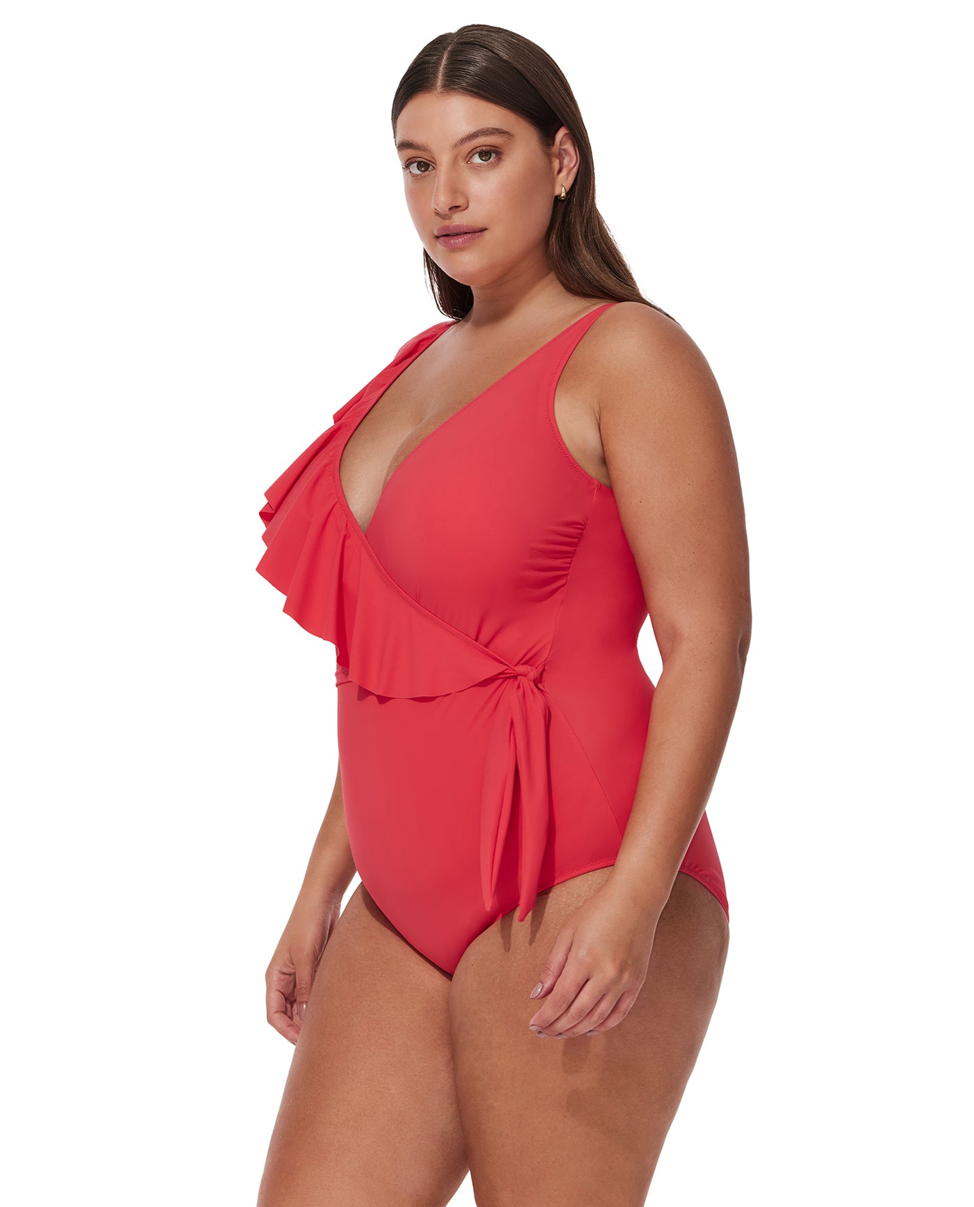 Tutti Frutti  Plus Size Ruffle Surplice One Piece-Coral