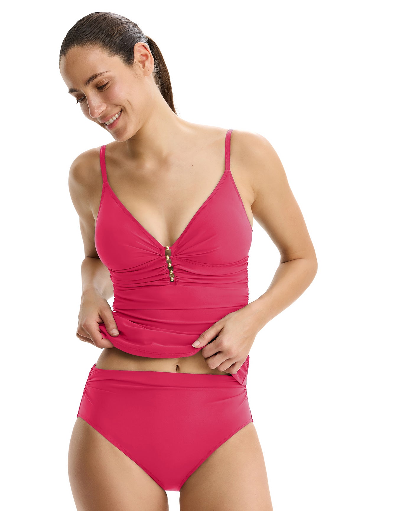 Tutti Frutti Fashion V-Neck Gold Beaded Tankini Top-Magenta
