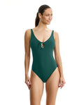 Tutti Frutti V-Neck Key Hole One Piece-Forest Green