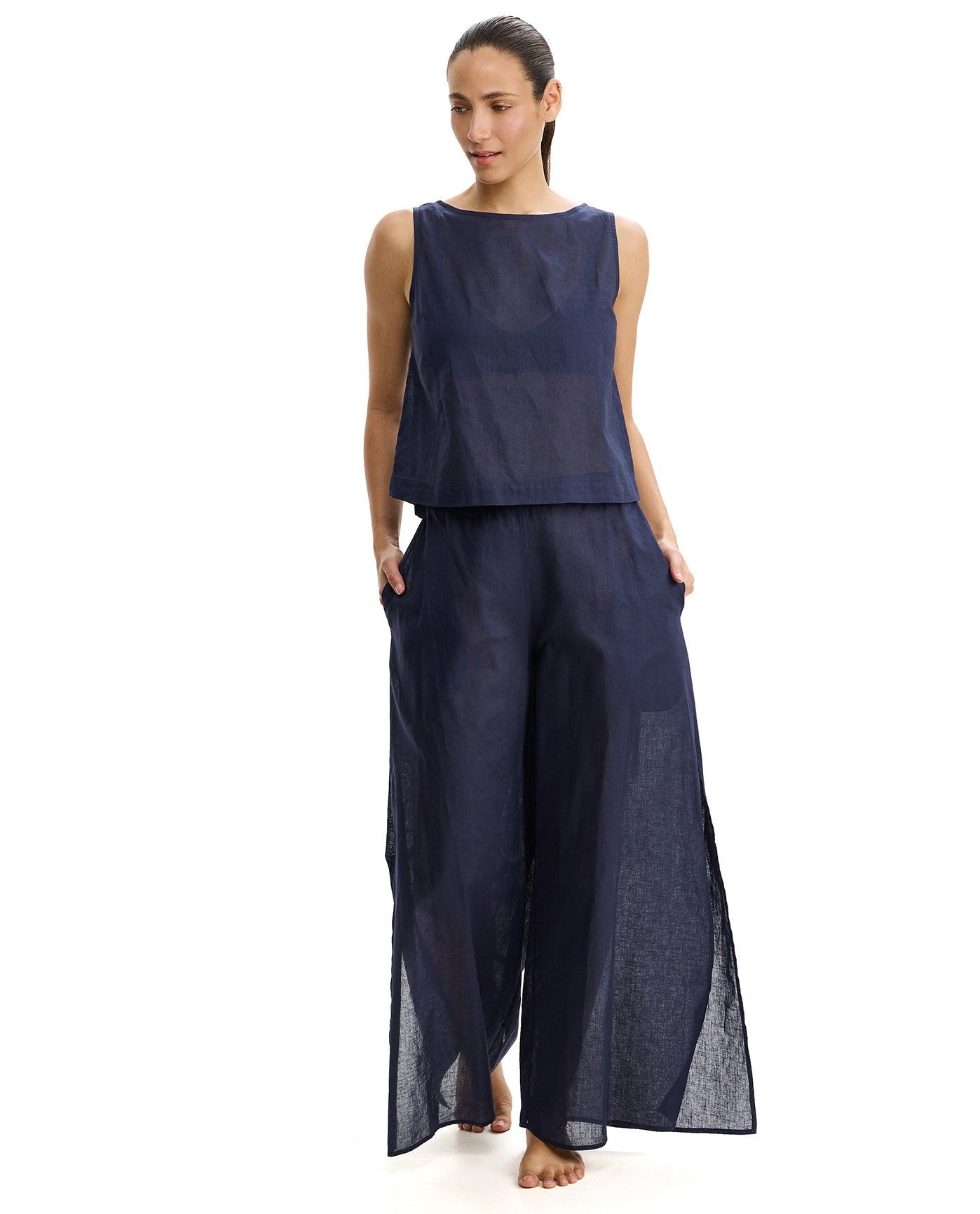 Tutti Frutti Linen High Neck Top Cover-Up-Navy
