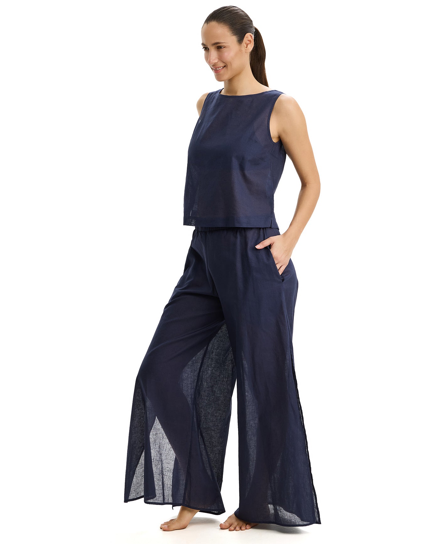 Tutti Frutti Linen High Neck Top Cover-Up-Navy