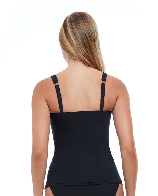 Back View Of Profile By Gottex Tutti Frutti F-Cup Scoop Neck Shirred Underwire Tankini Top | PROFILE TUTTI FRUTTI BLACK