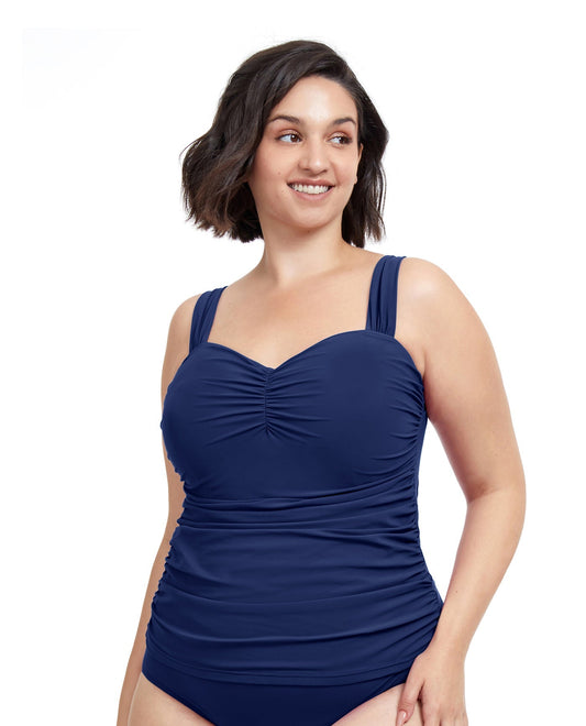 Front View Of Profile By Gottex Tutti Frutti Plus Size Sweetheart Underwire Tankini Top | PROFILE TUTTI FRUTTI NAVY