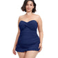 Front View Of Profile By Gottex Tutti Frutti Plus Size Cross Over Bandeau Strapless Swimdress | PROFILE TUTTI FRUTTI NAVY
