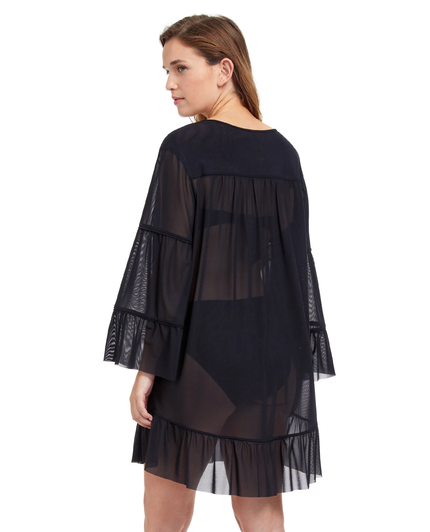 Back View Of Profile By Gottex Tutti Frutti V-Neck Mesh Tunic Cover Up | PROFILE TUTTI FRUTTI BLACK