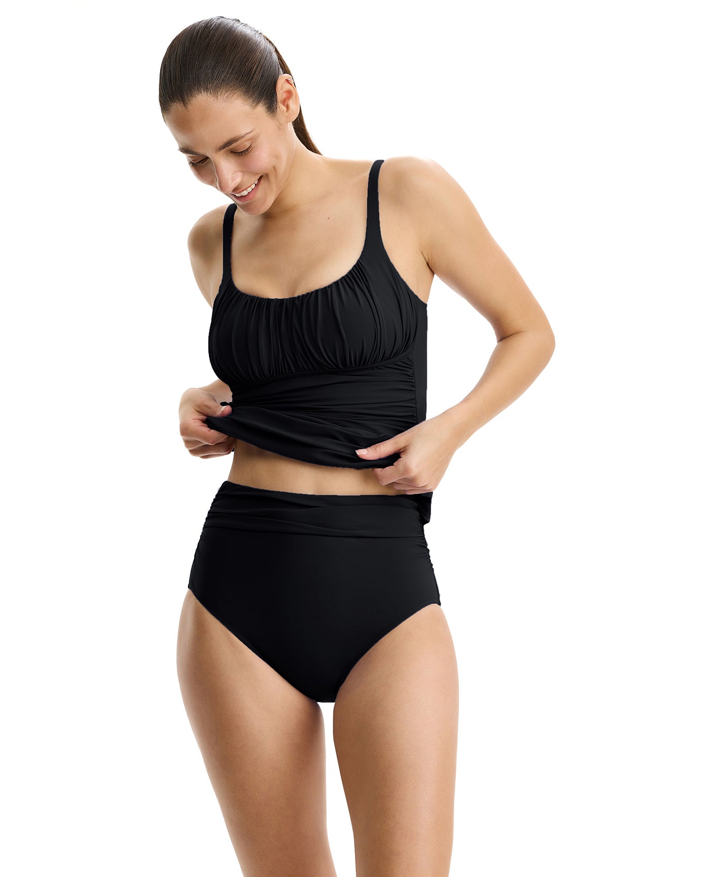 Tutti Frutti Shirred Peasant Tankini Top -Black