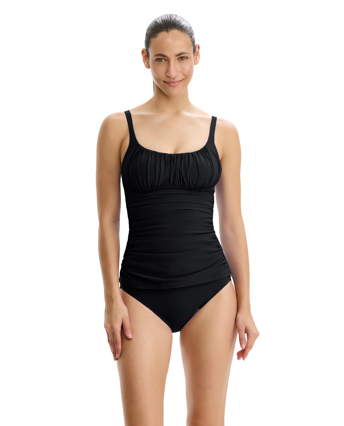 Tutti Frutti Shirred Peasant Tankini Top -Black