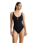 Tutti Frutti V-Neck Key Hole One Piece-Black