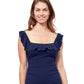 Front View Of Profile By Gottex Tutti Frutti Square Neck Ruffle Tankini Top | PROFILE TUTTI FRUTTI NAVY